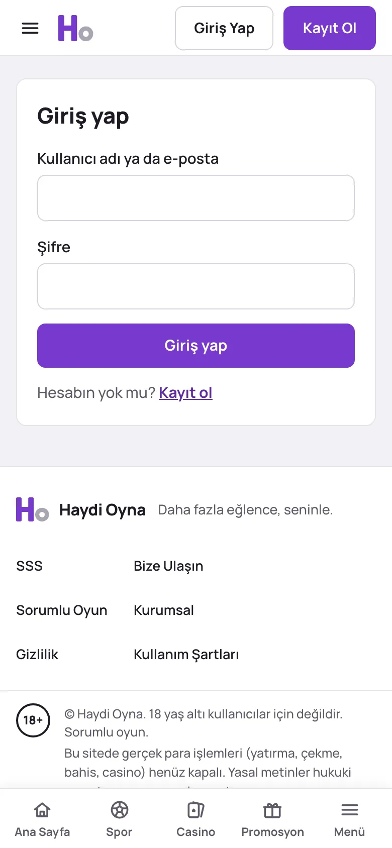 Haydi Oyna giriş ekranı, mobil görünüm
